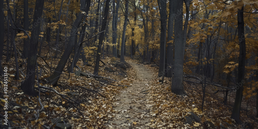 Obraz premium A well-trodden hiking trail through a dense forest, showcasing the vibrant fall colors and occasional glimpses of wildlife.