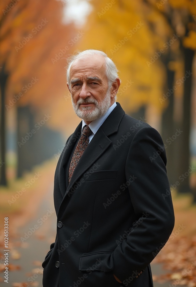 Close up of a old elegant man on walk in park on autumn day Close up of a old elegant man on walk in park on autumn day