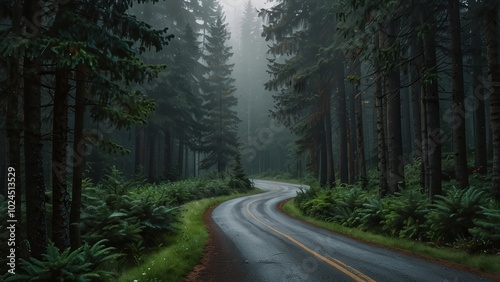 Empty road winding through a lush and foggy forest