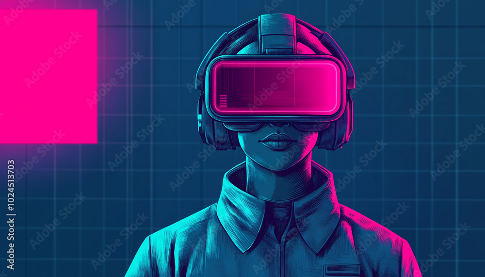 Person wearing virtual reality headset, neon colors, futuristic design. Person wearing virtual reality headset, neon colors, futuristic design.