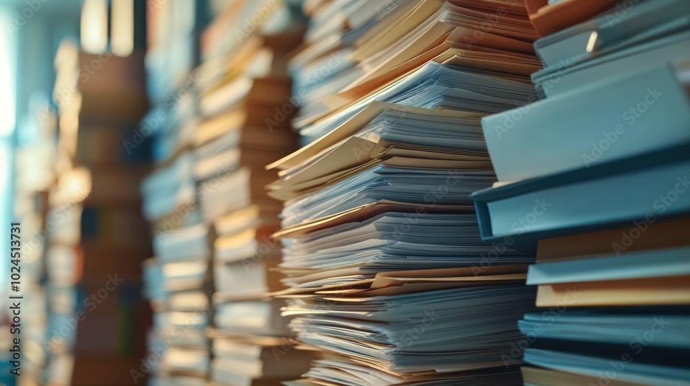 A cluttered stack of documents and files in an office setting. A cluttered stack of documents and files in an office setting.