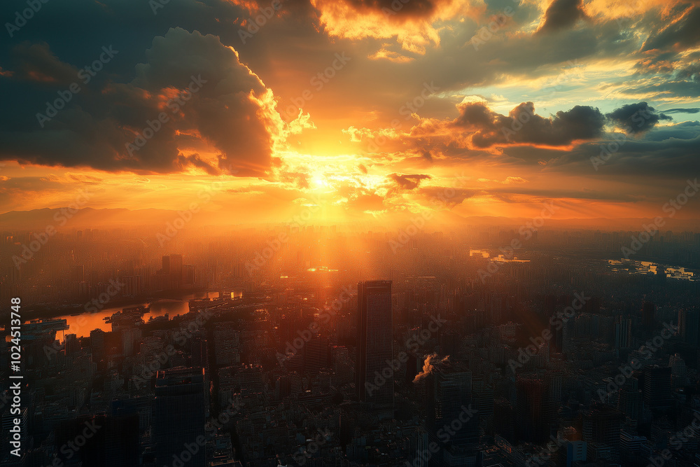 Golden Sunset Over Urban High-Rise Buildings and Clouds Golden Sunset Over Urban High-Rise Buildings and Clouds