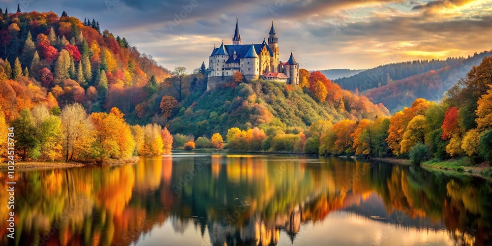 Fototapeta premium Majestic castle overlooking river amid autumn foliage