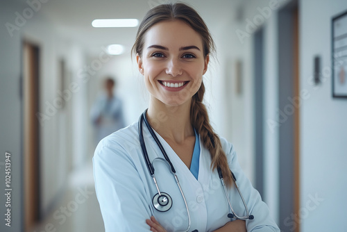 Nurse Smiling with Stethoscope in Hospital Hallway