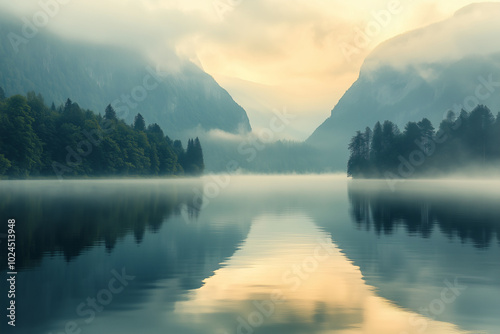 Misty Morning Still Water Reflecting Mountains and Soft Sky