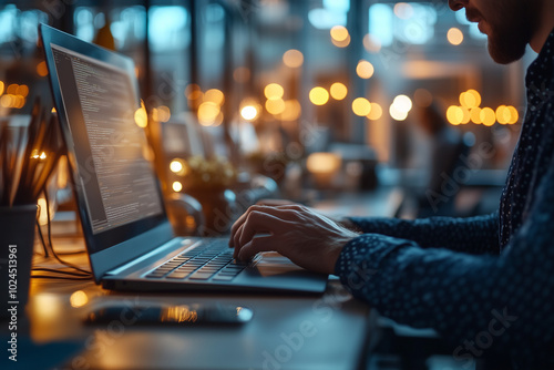 Person Working on Laptop in Cozy Office Environment with Soft Lighting