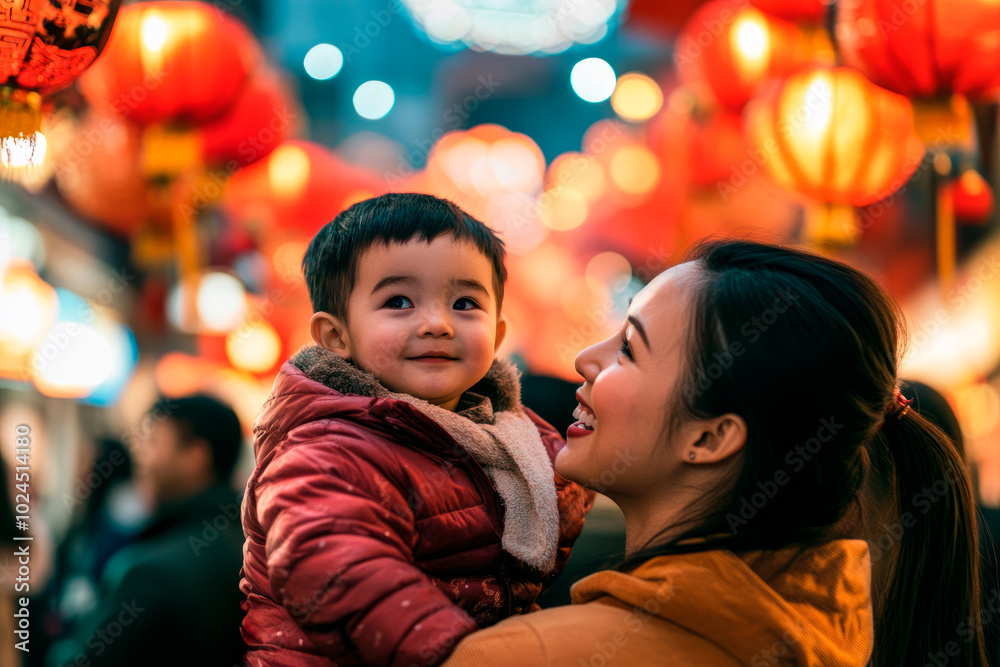 Obraz premium Mother and child enjoying Chinese New Year lantern festival at night