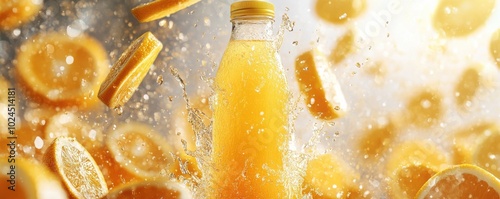 Refreshing bottle of orange juice splashing in mid-air surrounded by vibrant orange slices