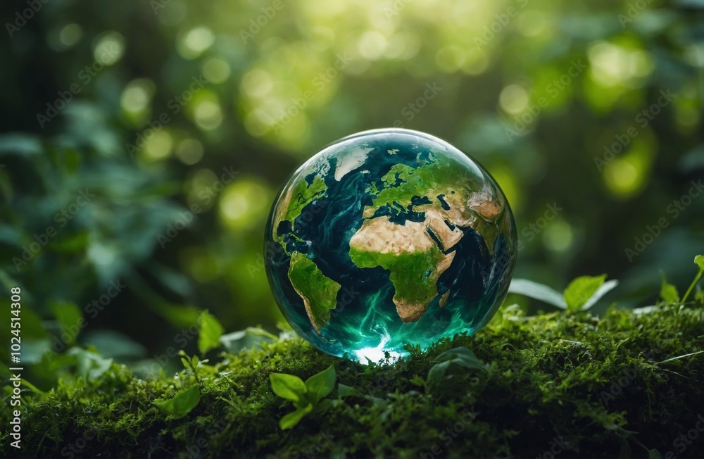 Glass globe planet earth showing europe and africa resting on moss Glass globe planet earth showing europe and africa resting on moss