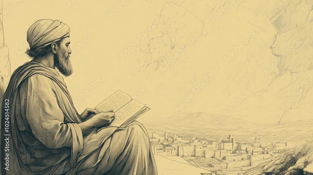 Obraz premium A minimalist wall art of the prophet Jeremiah in Jerusalem looking thoughtfully toward the distant horizon as he imagines the exiles reading his letter
