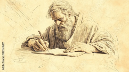 Jeremiah s Renewed Determination A Conceptual Minimalist Wall Art Vision of the Prophet Diligently Writing on a New Scroll Filled with Focus and Purpose to Fulfill God s Call photo