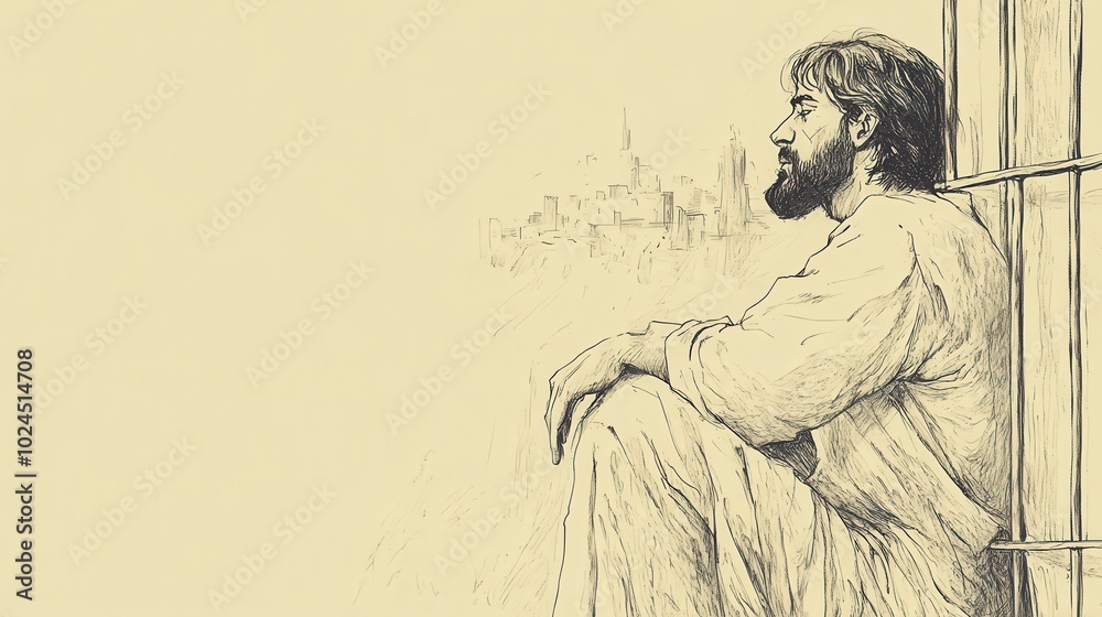 Obraz premium A scene depicting Jeremiah a biblical figure standing behind prison bars and gazing pensively at the distant city beyond This minimalist