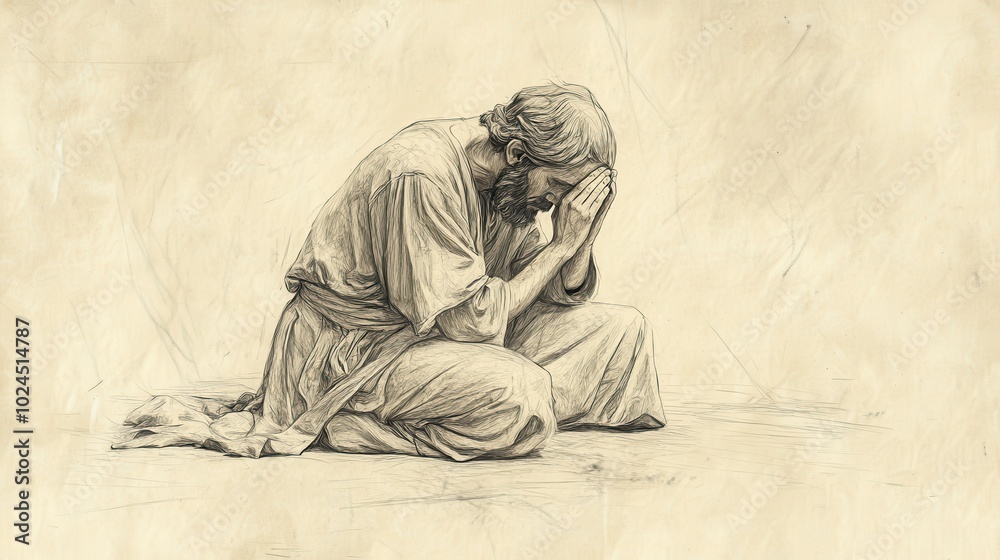 Kneeling Prisoner with Hands Clasped in Determined Faith Modern Minimalist Biblical Wall Art Depicting a Scene from the Life of the Prophet Jeremiah Kneeling Prisoner with Hands Clasped in Determined Faith Modern Minimalist Biblical Wall Art Depicting a Scene from the Life of the Prophet Jeremiah