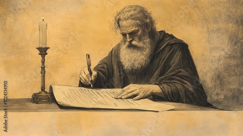 An depicting the prophet Jeremiah writing on a scroll by the banks of the Nile River determined to continue his prophetic mission even in a foreign land
