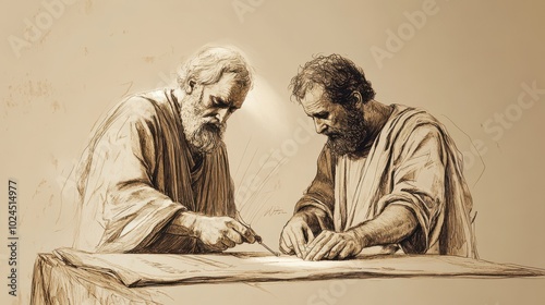 Divinely Sealed Promise A minimalist historical sketch depicting Jeremiah sealing a deed with wax under the subtle glow of a divine light symbolizing God s promise of from biblical times