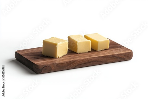 Wooden board with cut block of butter on white background