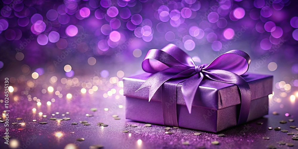 A Luxurious Purple Gift Box Adorned with a Satin Bow on a Glittering Purple Background A Luxurious Purple Gift Box Adorned with a Satin Bow on a Glittering Purple Background
