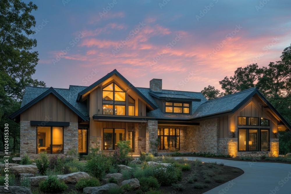 A beautifully lit modern farmhouse with a combination of stone and wooden exterior