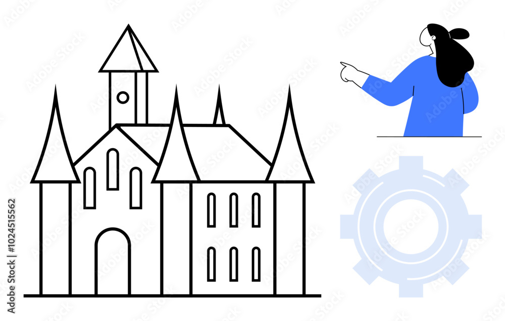 Simple black and white drawing of a castle with pointed towers. A person in blue points at it. Next to the person is a gear symbol. Ideal for fantasy, history, architecture, travel, education Simple black and white drawing of a castle with pointed towers. A person in blue points at it. Next to the person is a gear symbol. Ideal for fantasy, history, architecture, travel, education
