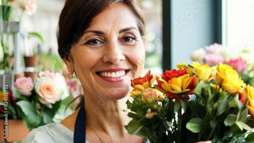 A female florist holding a bouquet of flowers in her flower shop, smiling at the camera, creating a warm and welcoming atmosphere. photo