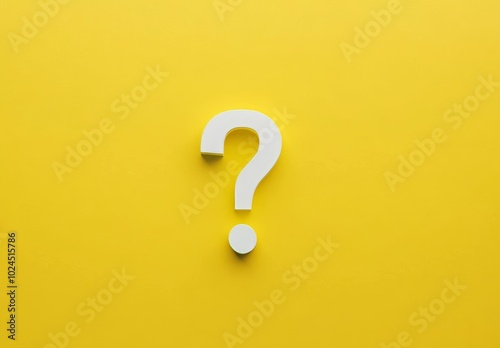 Using 3D rendering, the white questions marks are illustrated on a yellow background with copy space for FAQs and question and answer times.