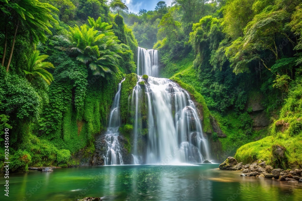 Fototapeta premium Majestic Marakopa Waterfall in Lush Green Forest with Forced Perspective