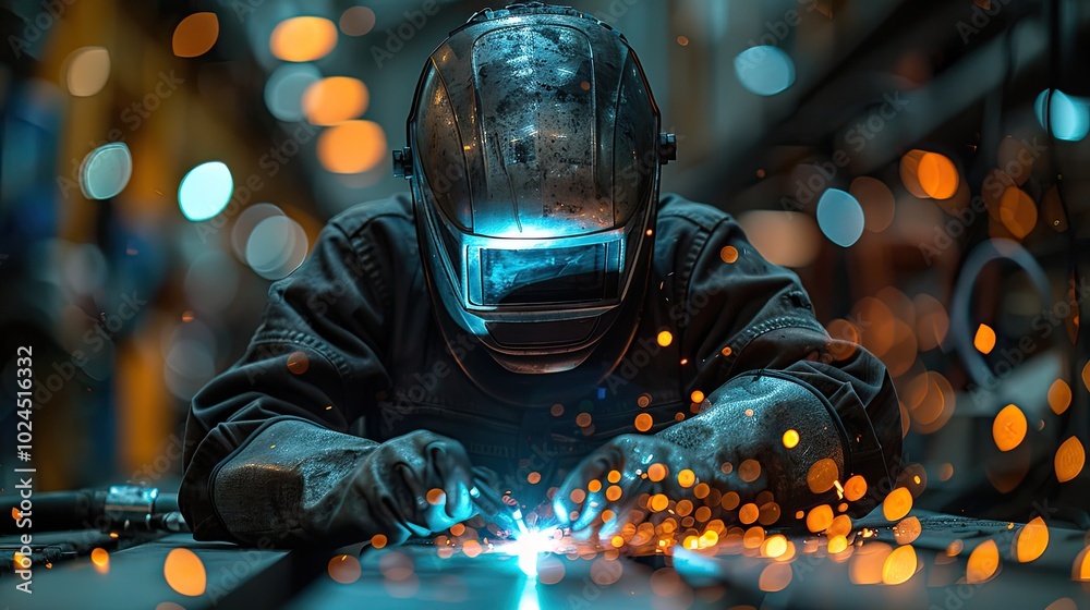 A professional welder in protective gear, working on an industrial project with sparks flying around them. A professional welder in protective gear, working on an industrial project with sparks flying around them.