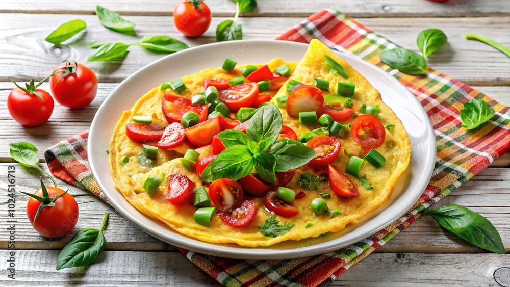 Closeup of Delicious Omelette with Tomato and Bell Pepper on White Plate for Breakfast or Lunch Closeup of Delicious Omelette with Tomato and Bell Pepper on White Plate for Breakfast or Lunch
