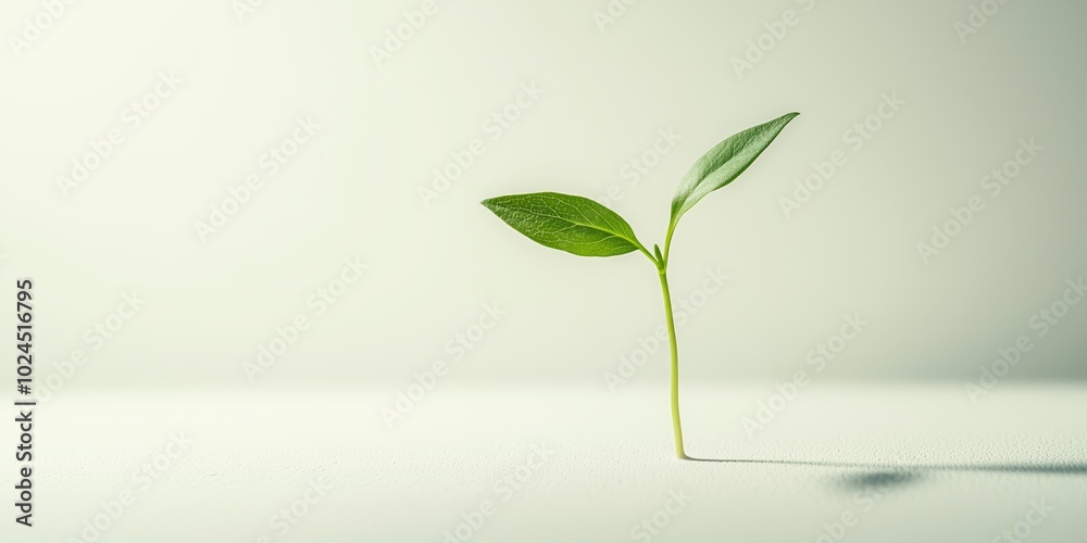 Minimalist green plant sprout with vibrant leaves emerging from a white surface with soft shadows Minimalist green plant sprout with vibrant leaves emerging from a white surface with soft shadows
