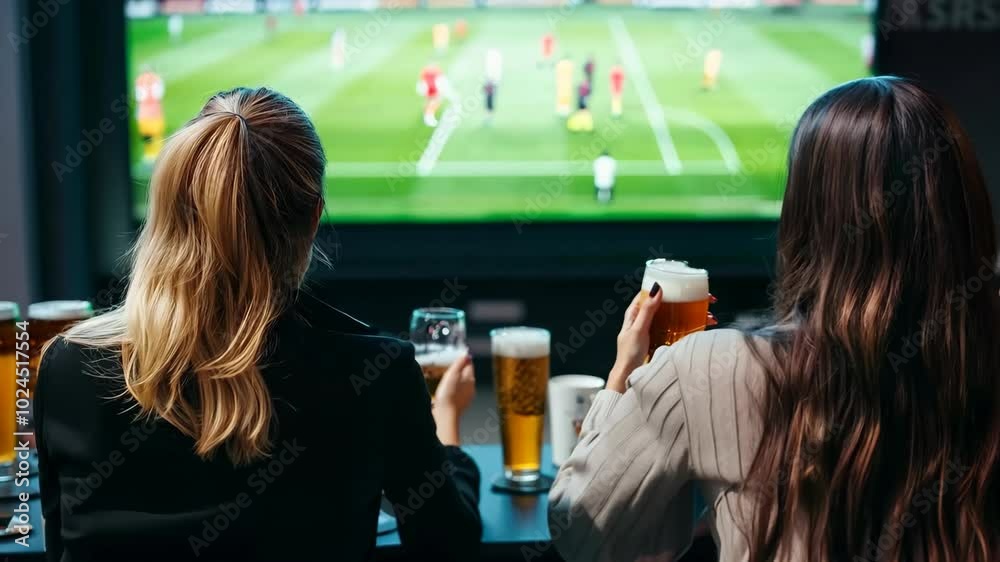 Two women are watching a soccer game on a large screen. They are holding beer glasses and seem to be enjoying the game Two women are watching a soccer game on a large screen. They are holding beer glasses and seem to be enjoying the game