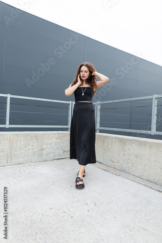 Urban fashion girl in stylish black clothes with top and skirt with sandals walks in the city. Female full-length portrait