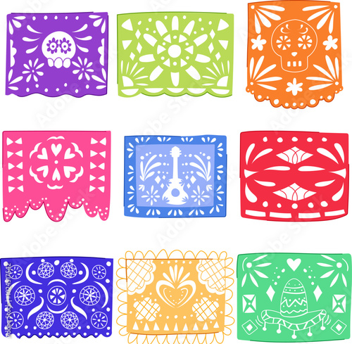 papel picado set cartoon. mexican colorful, culture handmade, intricate festive papel picado sign. isolated symbol vector illustration