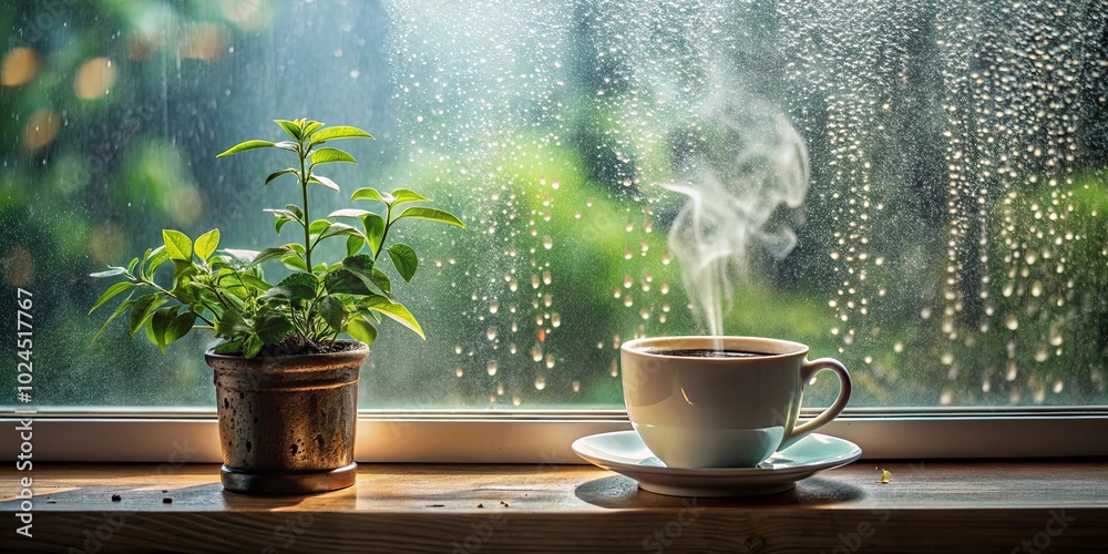 A steaming cup of coffee on a windowsill with raindrops and a potted plant, a tranquil scene of comfort and contemplation A steaming cup of coffee on a windowsill with raindrops and a potted plant, a tranquil scene of comfort and contemplation