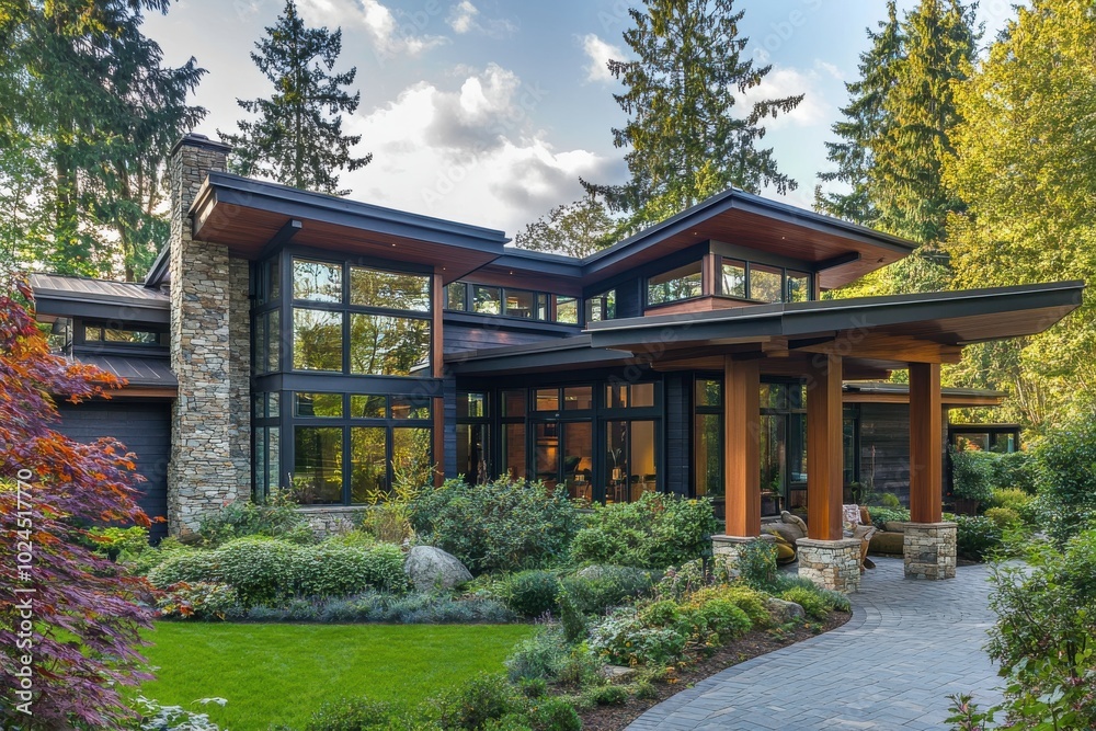 A contemporary home with a blend of natural elements and modern architecture A contemporary home with a blend of natural elements and modern architecture