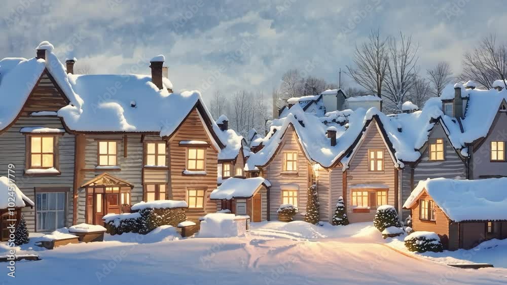Charming snow-covered village at sunset with cozy lit windows Charming snow-covered village at sunset with cozy lit windows