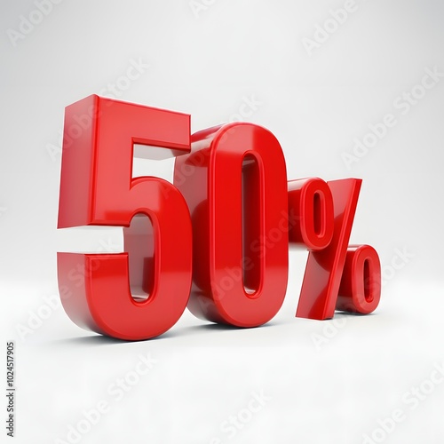 Glossy 3D red 50% discount symbol on a clean, minimalist background, ideal for promoting current retail offers, flash sales, trending deals, and exclusive promotions.