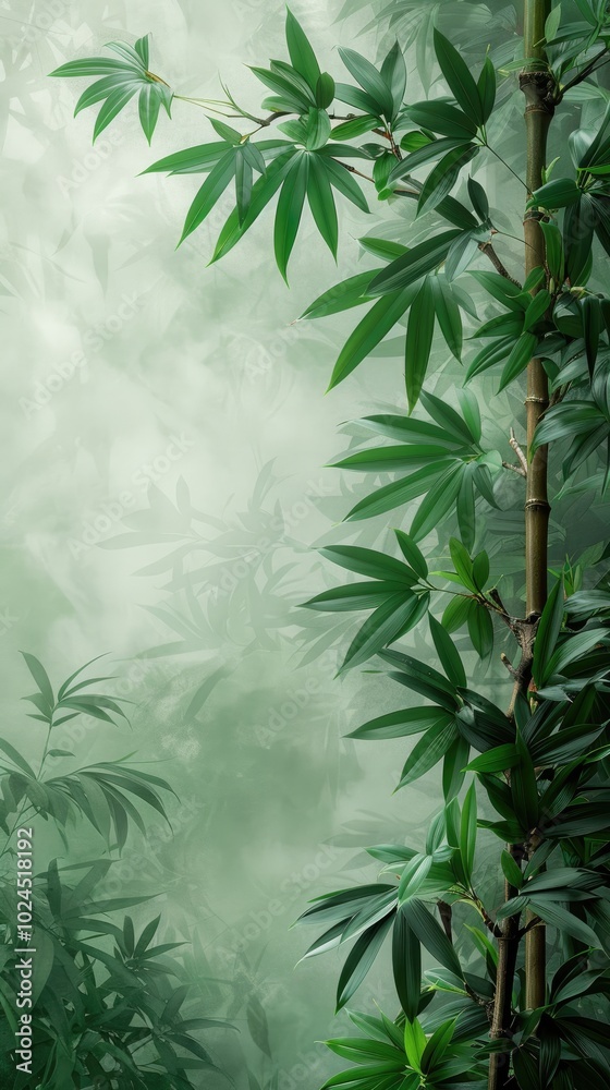 A wall with bamboo leaves, in a foggy, white background, with ample copy space. 