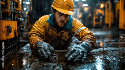 A worker in yellow protective gear and a hard hat is working on a metal platform in a factory or industrial setting.