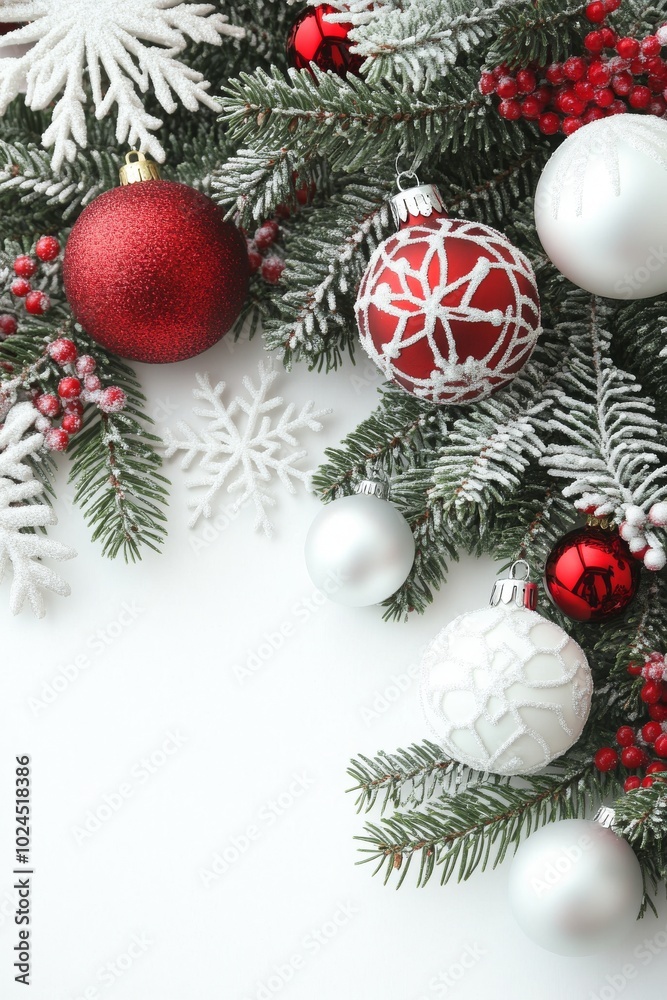 On a white wooden background, there is a border of shiny white and red balls, evergreen branches and a New Year's card. On a white wooden background, there is a border of shiny white and red balls, evergreen branches and a New Year's card.