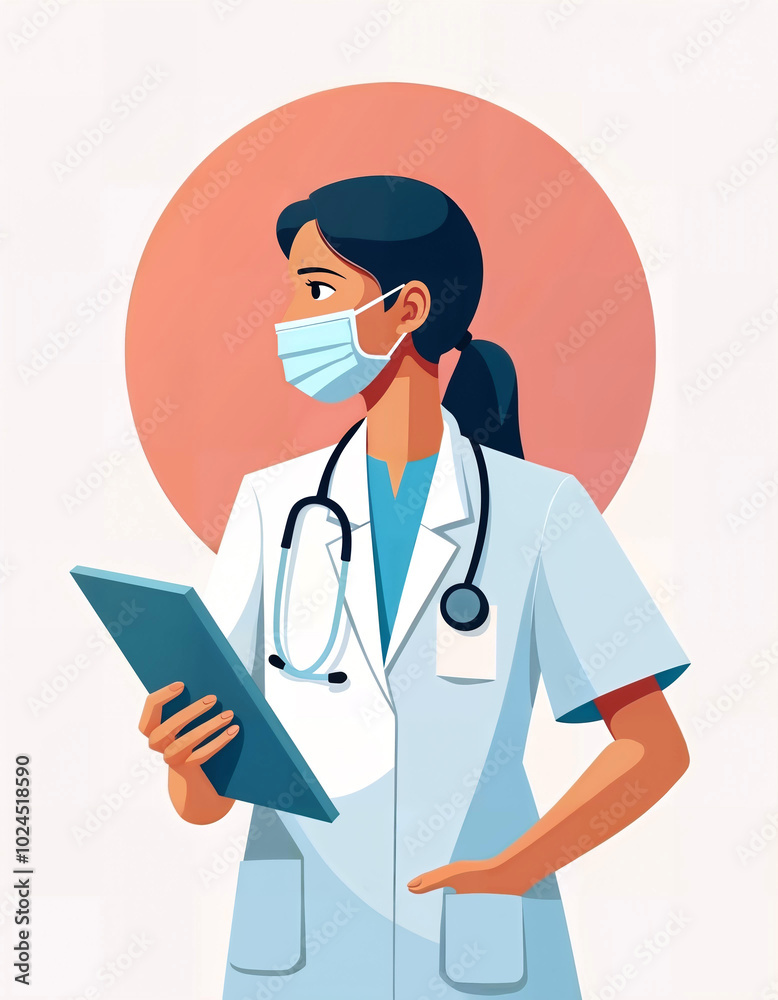 A modern illustration of a female doctor wearing a mask and holding a tablet, with a stethoscope around her neck, symbolizing healthcare and professionalism.. A modern illustration of a female doctor wearing a mask and holding a tablet, with a stethoscope around her neck, symbolizing healthcare and professionalism..