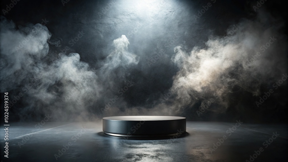 Dramatic Tilt-Shift Podium with Dark Smoke and Fog for Product Display in Empty Night Room Dramatic Tilt-Shift Podium with Dark Smoke and Fog for Product Display in Empty Night Room