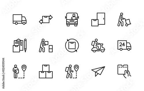 Cargo delivery vector linear icons set. Isolated icon collection such as customs, truck, box, international delivery and more.
