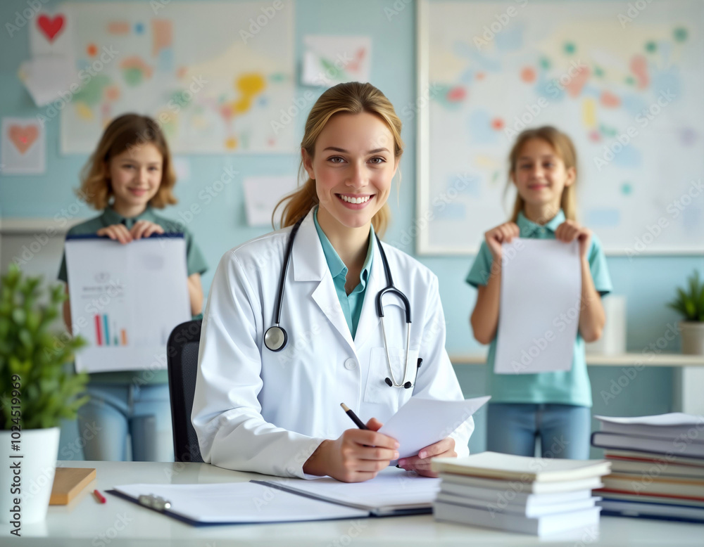 Smiling female doctor working at her desk while two children hold medical charts in the background, creating a cheerful healthcare environment... Smiling female doctor working at her desk while two children hold medical charts in the background, creating a cheerful healthcare environment...