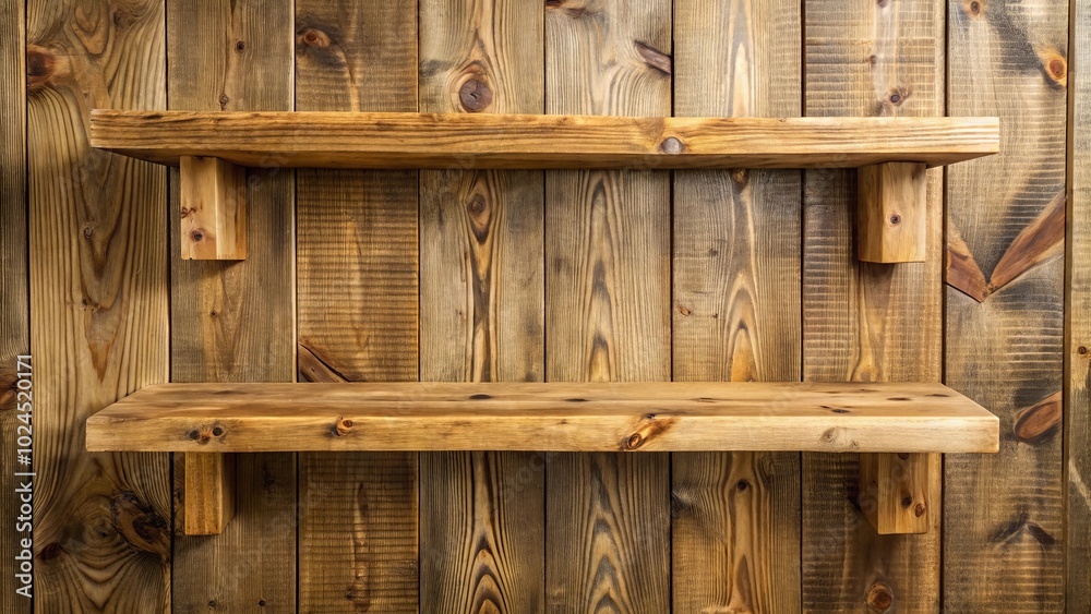 Rustic wooden shelf with a natural wood finish, providing a sturdy and stylish display surface for various items. Rustic wooden shelf with a natural wood finish, providing a sturdy and stylish display surface for various items.