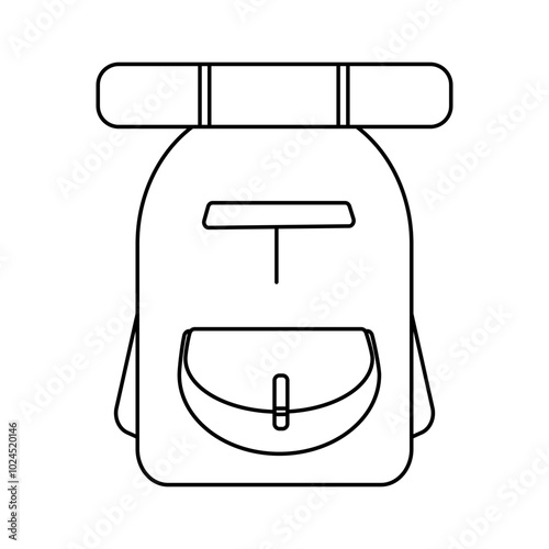 Black vector outline of a hiking backpack with a sleeping mat and large front pocket. Clean, minimalist style on a white background, suitable for adventure designs or as a coloring page.