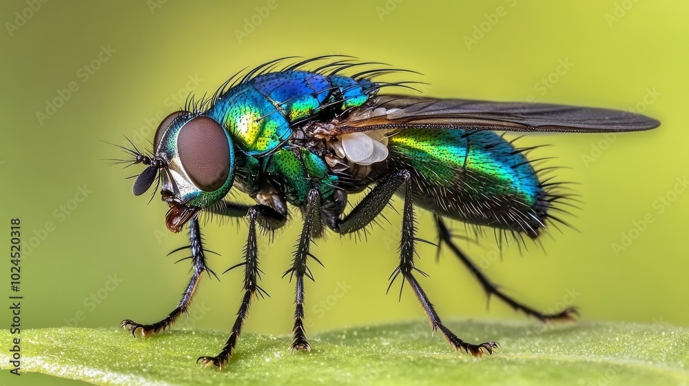 Fototapeta premium This extremely detailed macro photograph displays the vibrant colors and fine hairs on a fly's body and wings, demonstrating the fly's iridescent blue and orange appearance.