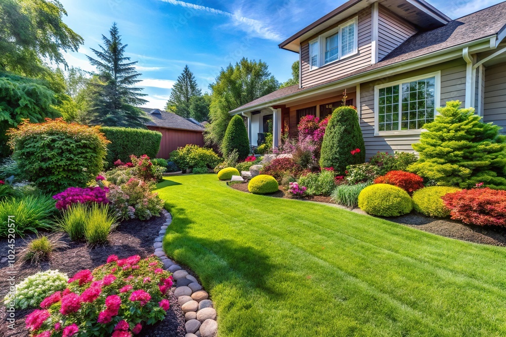 Manicured lawn, flowerbed, shrubs, sunshine, residential house backyard Manicured lawn, flowerbed, shrubs, sunshine, residential house backyard