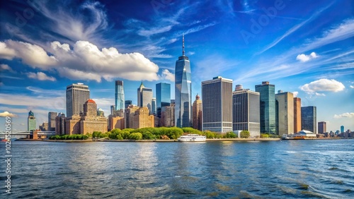 Manhattan skyline silhouette seen from Governors Island at sunset photo