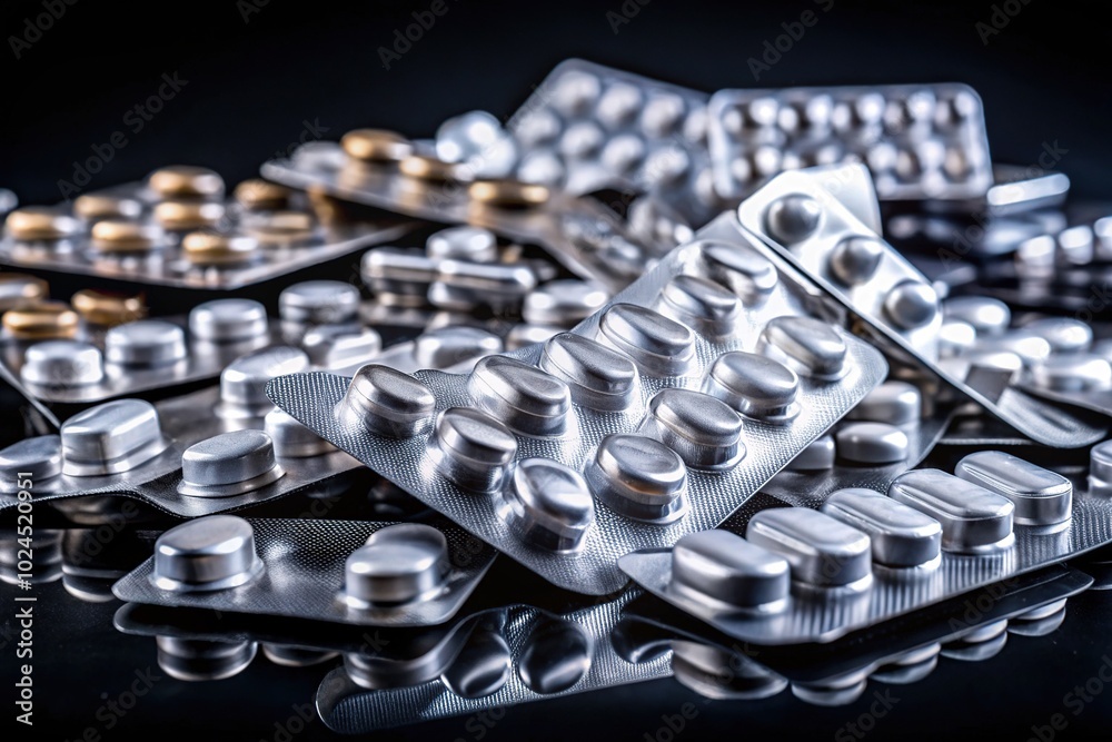 Empty Aluminum Medicine Packaging: Overdose and Poisoning Awareness on Black Background Empty Aluminum Medicine Packaging: Overdose and Poisoning Awareness on Black Background