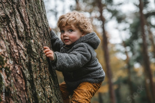 Young Boy Climbing a Tree in a Forest